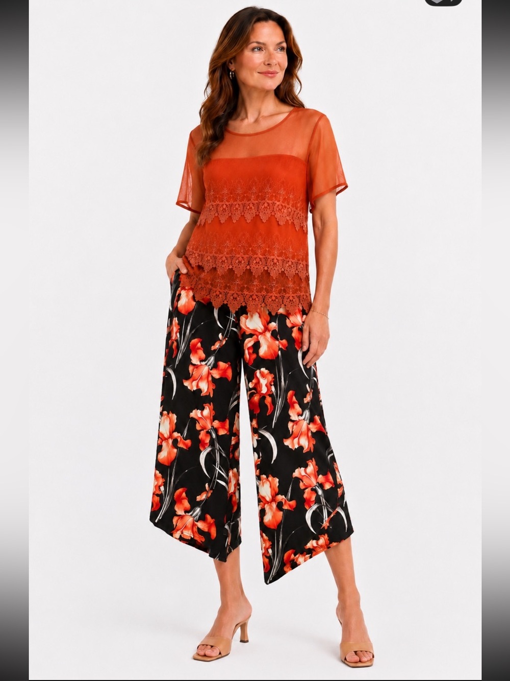 Cato Black Wide-Leg Handkerchief Hem Pants Orange Floral Print Plus Sz 18/20W